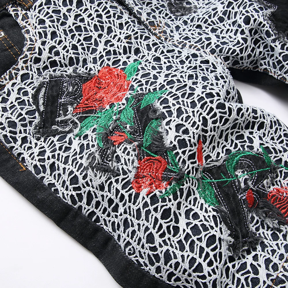 Men Cross Embroidery Denim Shorts Summer Flower Rose Embroidered Breeches Fashion Spider Web Letters Black Straight Jeans - Image 5