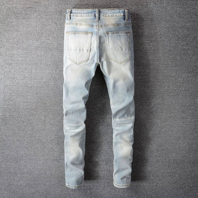 Men Crystal Holes Ripped Patchwork Jeans Streetwear Light Blue Denim Slim Skinny Pencil Pants Trousers - Image 2