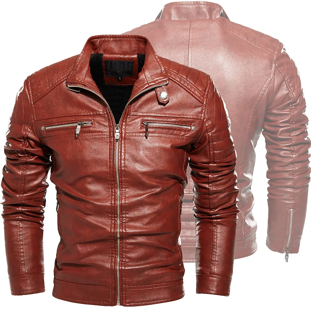 Men Jacket Coffee Leather Jacket Men Motorcycle Jacket Fashion Streetwear Biker Coat Slim Fit Autumn Winter Coat Men Fur Lined - Image 2