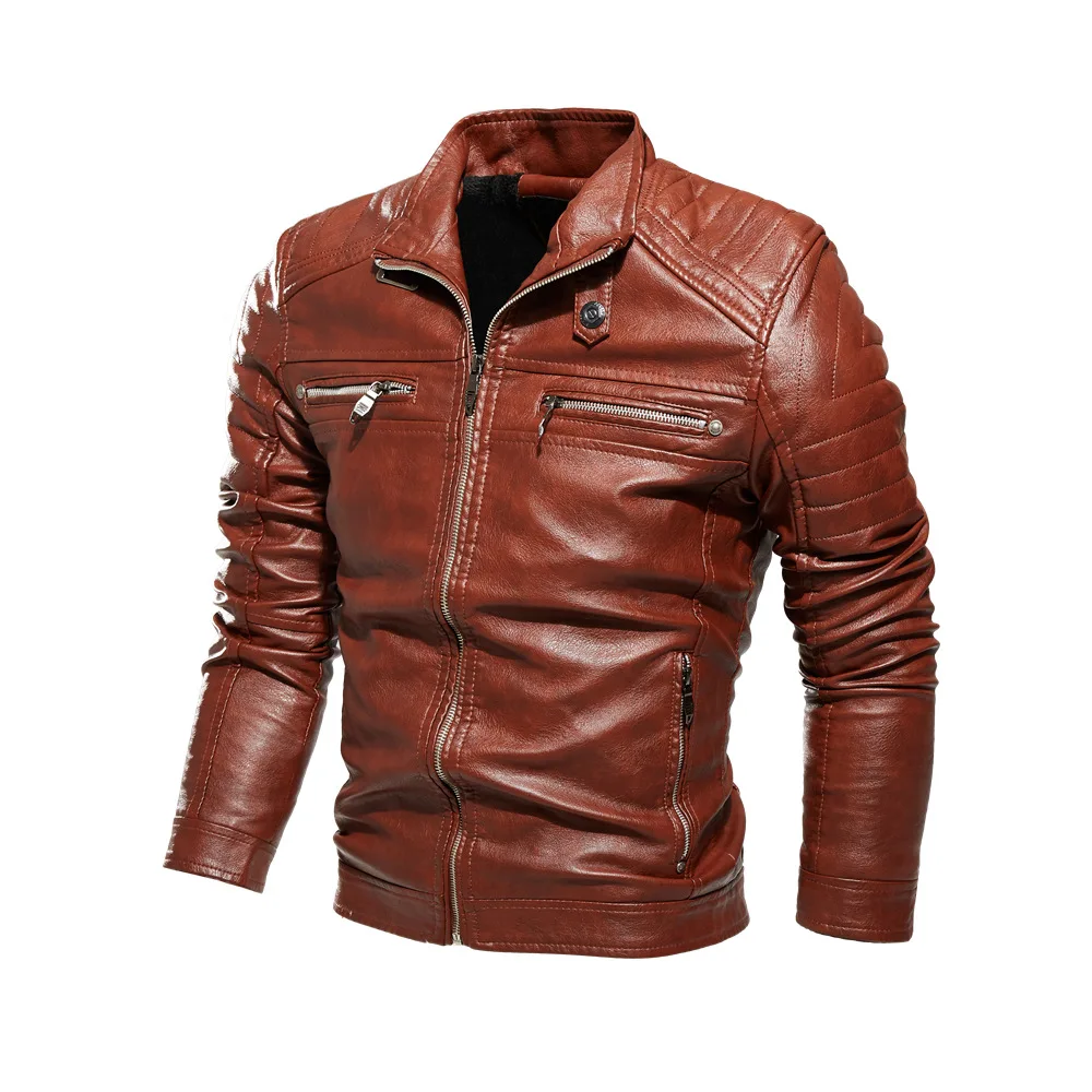 Men Jacket Coffee Leather Jacket Men Motorcycle Jacket Fashion Streetwear Biker Coat Slim Fit Autumn Winter Coat Men Fur Lined - Image 4