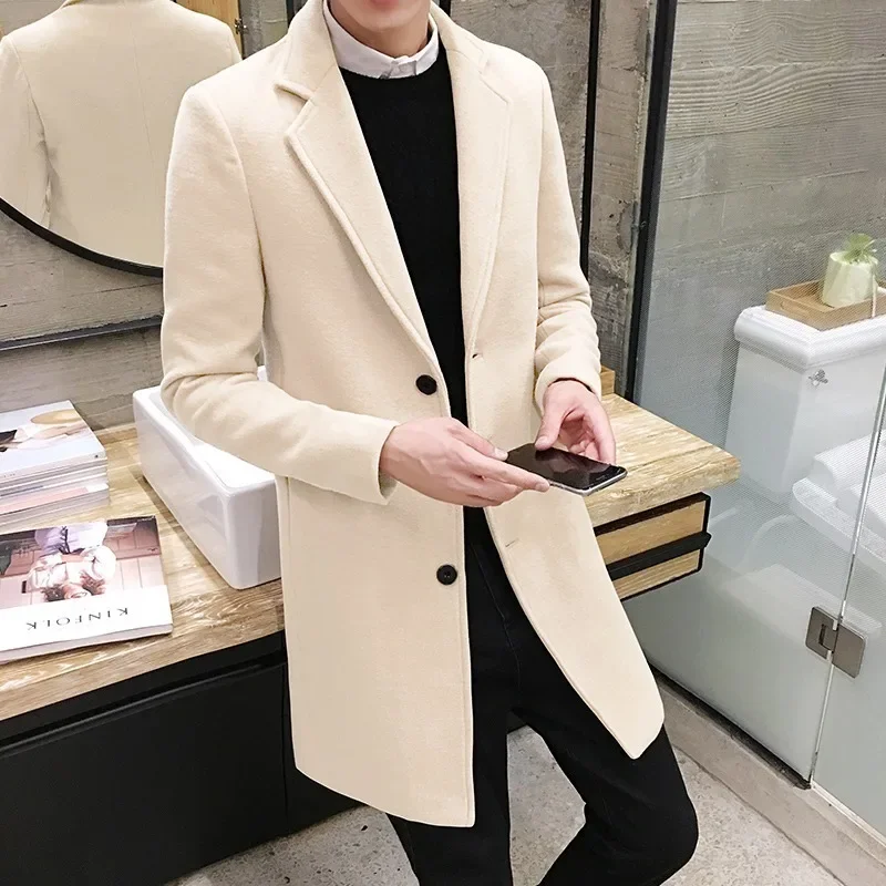 Men Long Cotton Coat 2023 Autumn Winter New Wool Blend Pure Color Casual Business Fashion Slim Windbreaker Jacket Men Clothing - Image 10