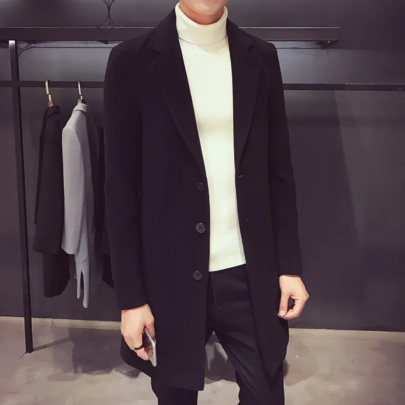 Men Long Cotton Coat 2023 Autumn Winter New Wool Blend Pure Color Casual Business Fashion Slim Windbreaker Jacket Men Clothing - Image 2