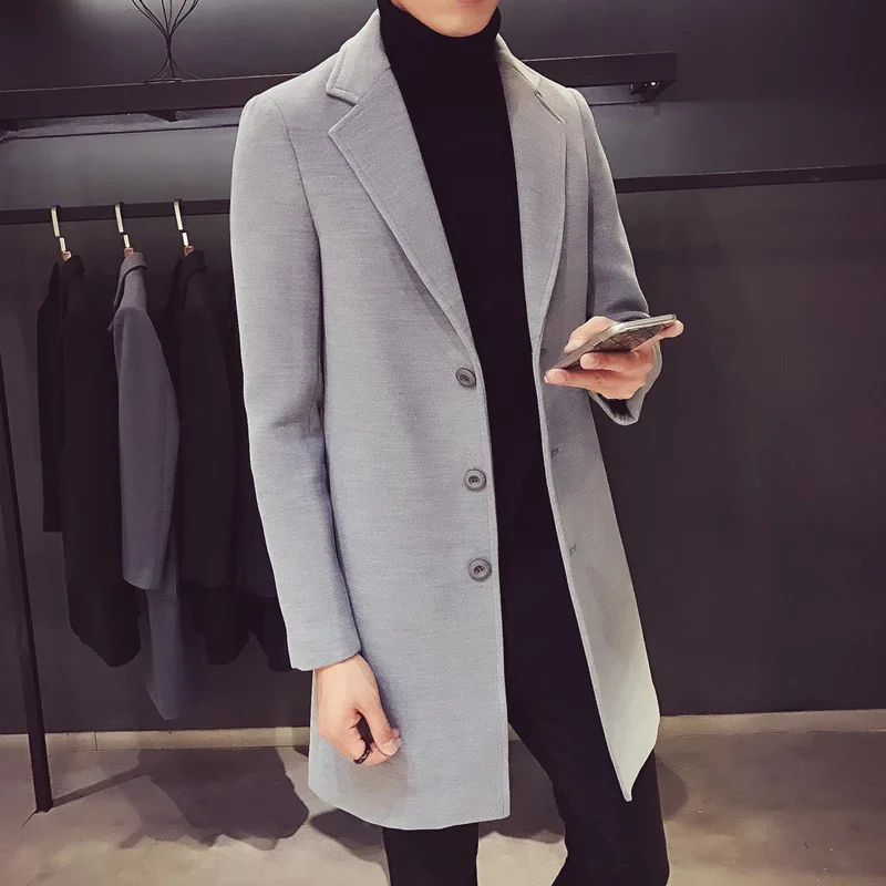 Men Long Cotton Coat 2023 Autumn Winter New Wool Blend Pure Color Casual Business Fashion Slim Windbreaker Jacket Men Clothing - Image 3