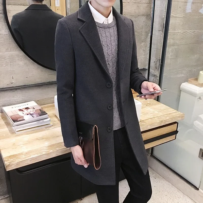 Men Long Cotton Coat 2023 Autumn Winter New Wool Blend Pure Color Casual Business Fashion Slim Windbreaker Jacket Men Clothing - Image 5