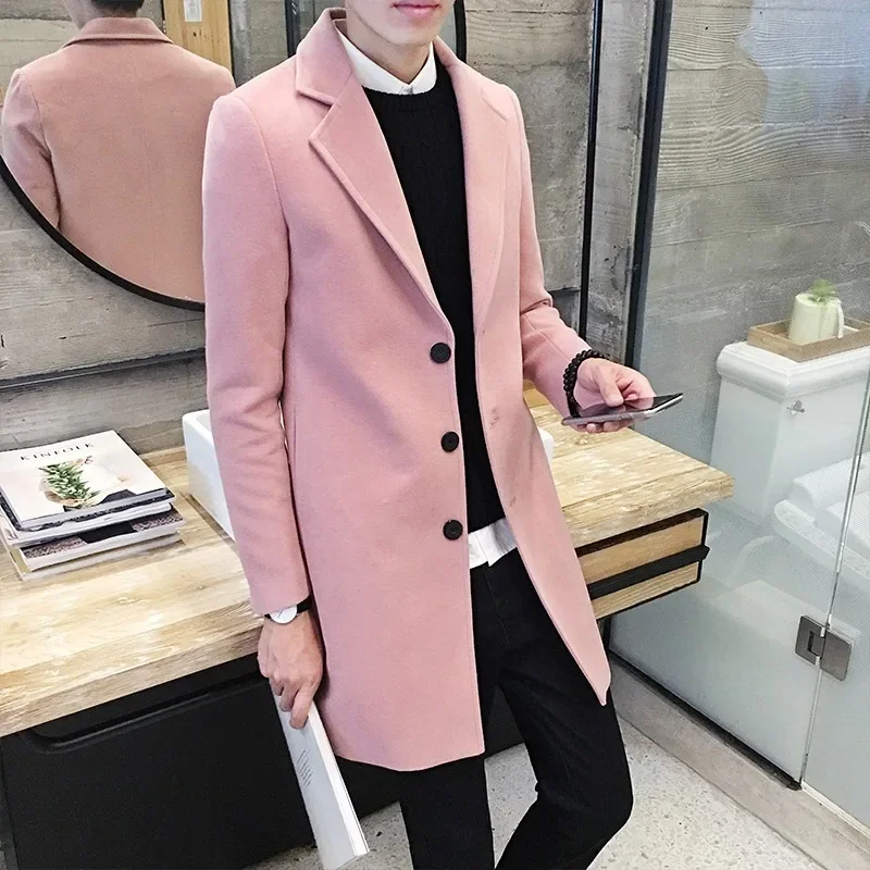 Men Long Cotton Coat 2023 Autumn Winter New Wool Blend Pure Color Casual Business Fashion Slim Windbreaker Jacket Men Clothing - Image 7