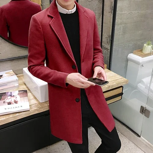 Men Long Cotton Coat 2023 Autumn Winter New Wool Blend Pure Color Casual Business Fashion Slim Windbreaker Jacket Men Clothing - Image 9