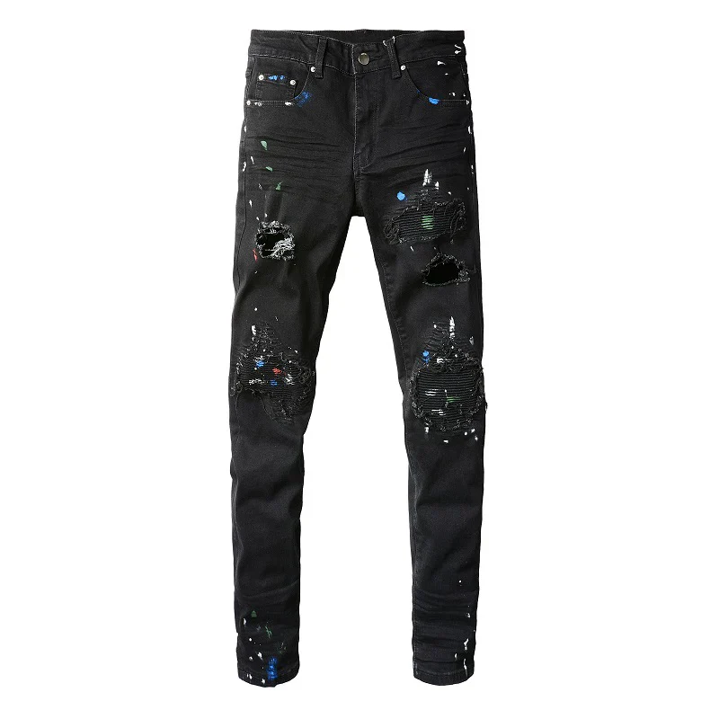 Men Painted Biker Jeans Cracked Pleated Patch Holes Ripped Denim Pants Streetwear Skinny Tapered Stretch Trousers