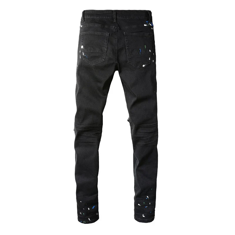 Men Painted Biker Jeans Cracked Pleated Patch Holes Ripped Denim Pants Streetwear Skinny Tapered Stretch Trousers - Image 2