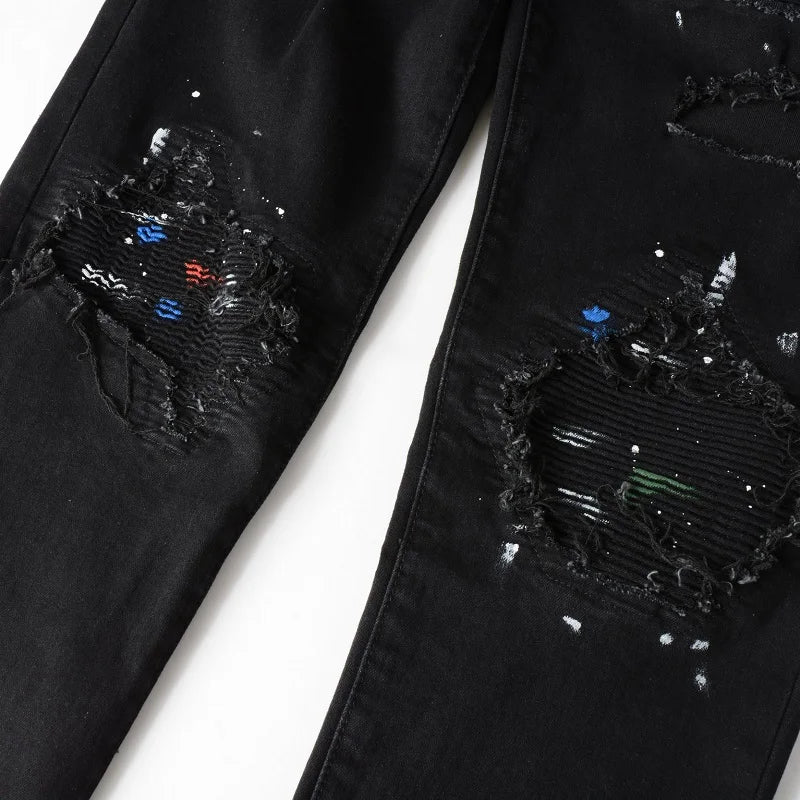 Men Painted Biker Jeans Cracked Pleated Patch Holes Ripped Denim Pants Streetwear Skinny Tapered Stretch Trousers - Image 5