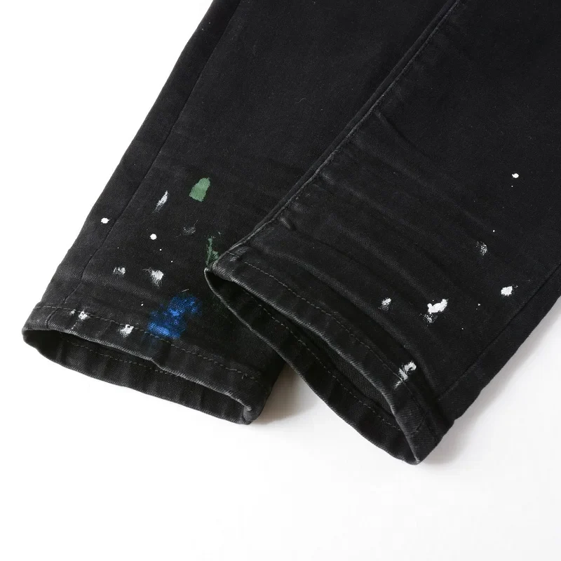 Men Painted Biker Jeans Cracked Pleated Patch Holes Ripped Denim Pants Streetwear Skinny Tapered Stretch Trousers - Image 6