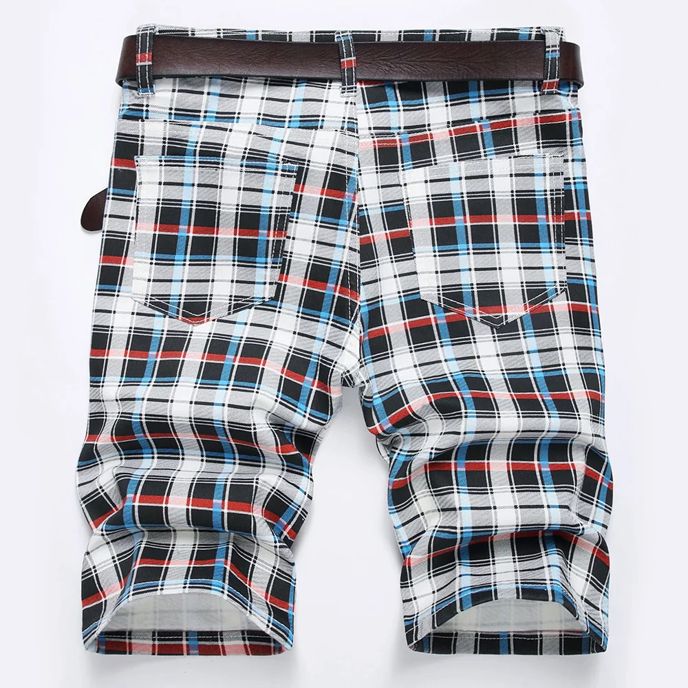 Men Plaid Digital Print Shorts Summer Check Tartan Stretch Denim Breeches Fashion Slim Jeans - Image 2