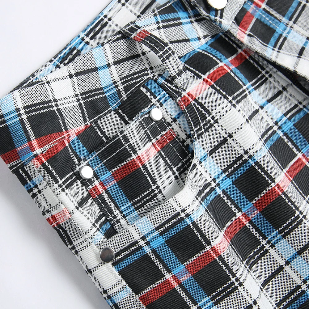 Men Plaid Digital Print Shorts Summer Check Tartan Stretch Denim Breeches Fashion Slim Jeans - Image 3