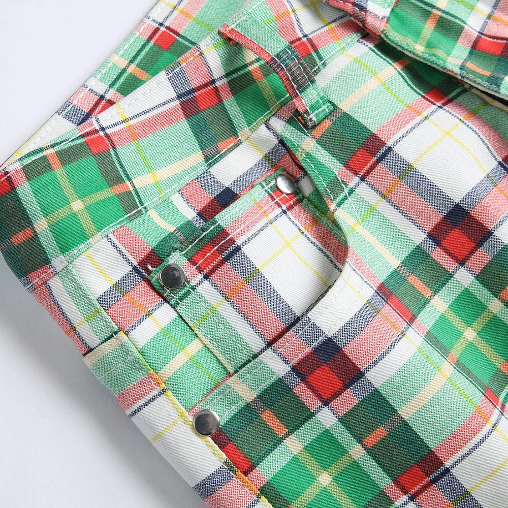 Men Plaid Print Denim Shorts Summer Tartan Stretch Jeans Knee Length Slim Straight Breeches - Image 3