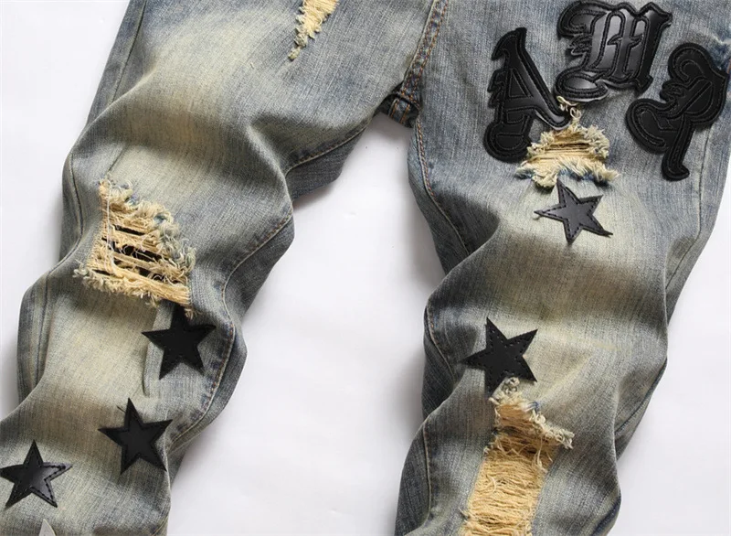 Men’s Light Luxury Stretch Blue Jeans,Stars Embroidery Decors Slim-fit Jeans,Hole Ripped Casual Jeans,Youth Sexy&Cool Must; - Image 3