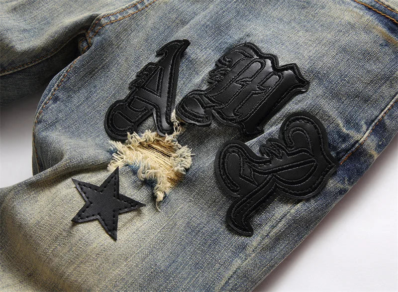Men’s Light Luxury Stretch Blue Jeans,Stars Embroidery Decors Slim-fit Jeans,Hole Ripped Casual Jeans,Youth Sexy&Cool Must; - Image 4