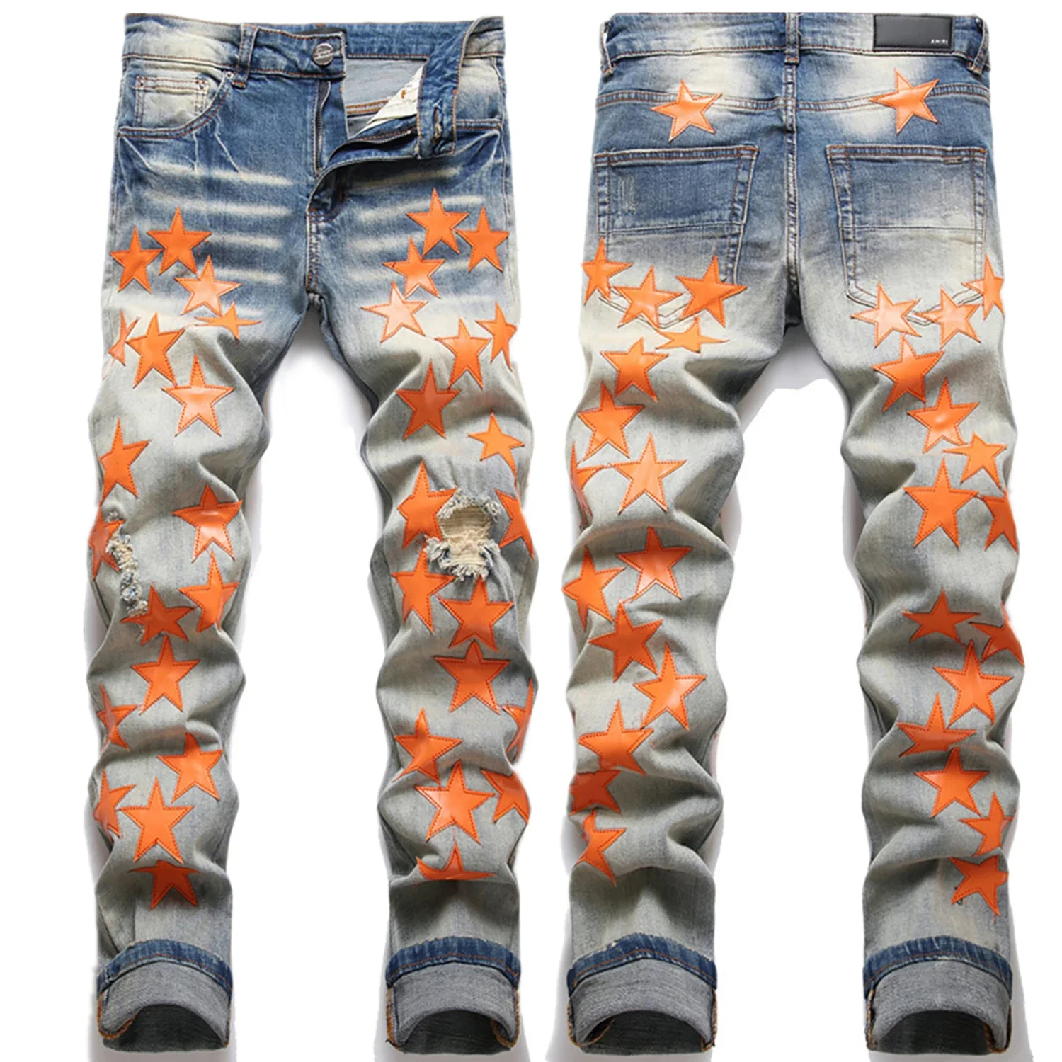 Men’s slimming denim pants light luxury stars embroidery jeans trendy ripped casual jeans street fashion jeans pants men; - Image 2
