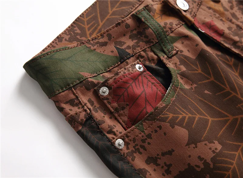 Men’s Trendy Full Prints Decors Denim Pants,High Quality Slim-fit Brown Jeans,Street Fashion Sexy Jeans,Daily Casual Jeans Pants - Image 3
