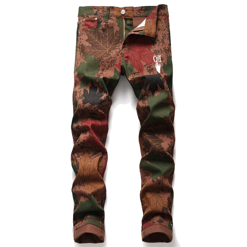 Men’s Trendy Full Prints Decors Denim Pants,High Quality Slim-fit Brown Jeans,Street Fashion Sexy Jeans,Daily Casual Jeans Pants - Image 7