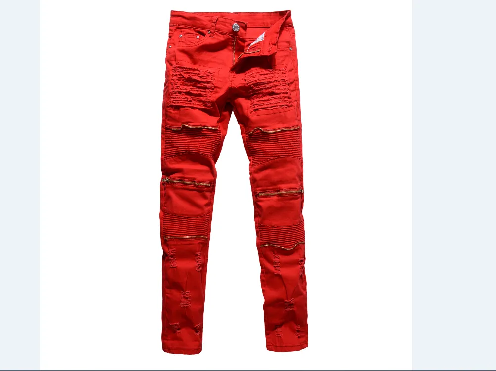 Men Skinny Stretch Denim Ripped Pants Distressed Ripped Freyed Slim Fit Jeans Destroyed Ripped Jeans Black White Red Jeans - Image 9
