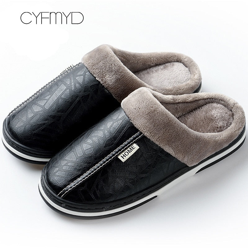 Men slippers leather Home slippers for men Waterproof Warm House slippers Male Fur Slippers Couple Platform Fluffy Big Size 50 - Image 2