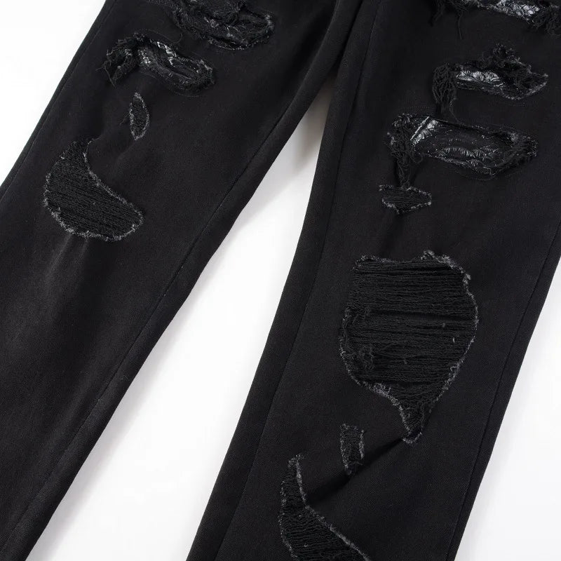 Men Snake Embroidery Jeans Skinny Tapered Stretch Denim Pants Streetwear Holes Ripped Leather Patch Patchwork Trousers Black - Image 3