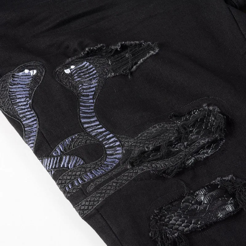 Men Snake Embroidery Jeans Skinny Tapered Stretch Denim Pants Streetwear Holes Ripped Leather Patch Patchwork Trousers Black - Image 4