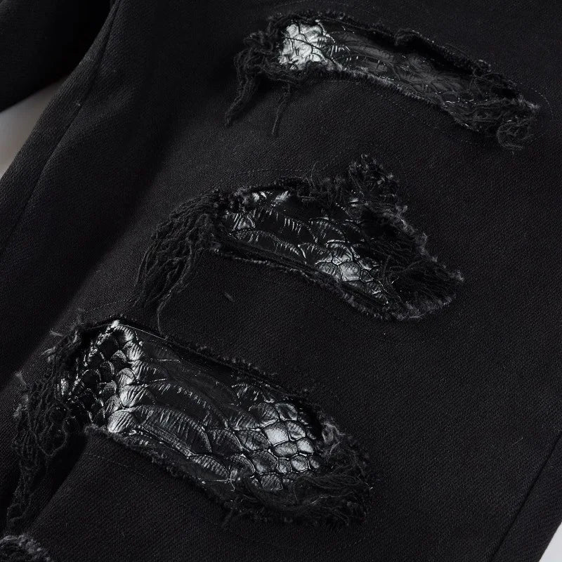 Men Snake Embroidery Jeans Skinny Tapered Stretch Denim Pants Streetwear Holes Ripped Leather Patch Patchwork Trousers Black - Image 5