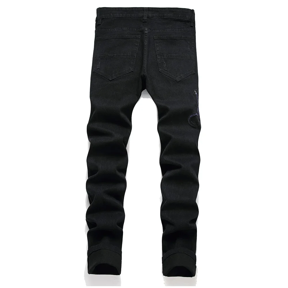 Men Snake Embroidery Jeans Streetwear Black Stretch Denim Pants Holes Ripped Distressed Slim Straight Trousers - Image 2