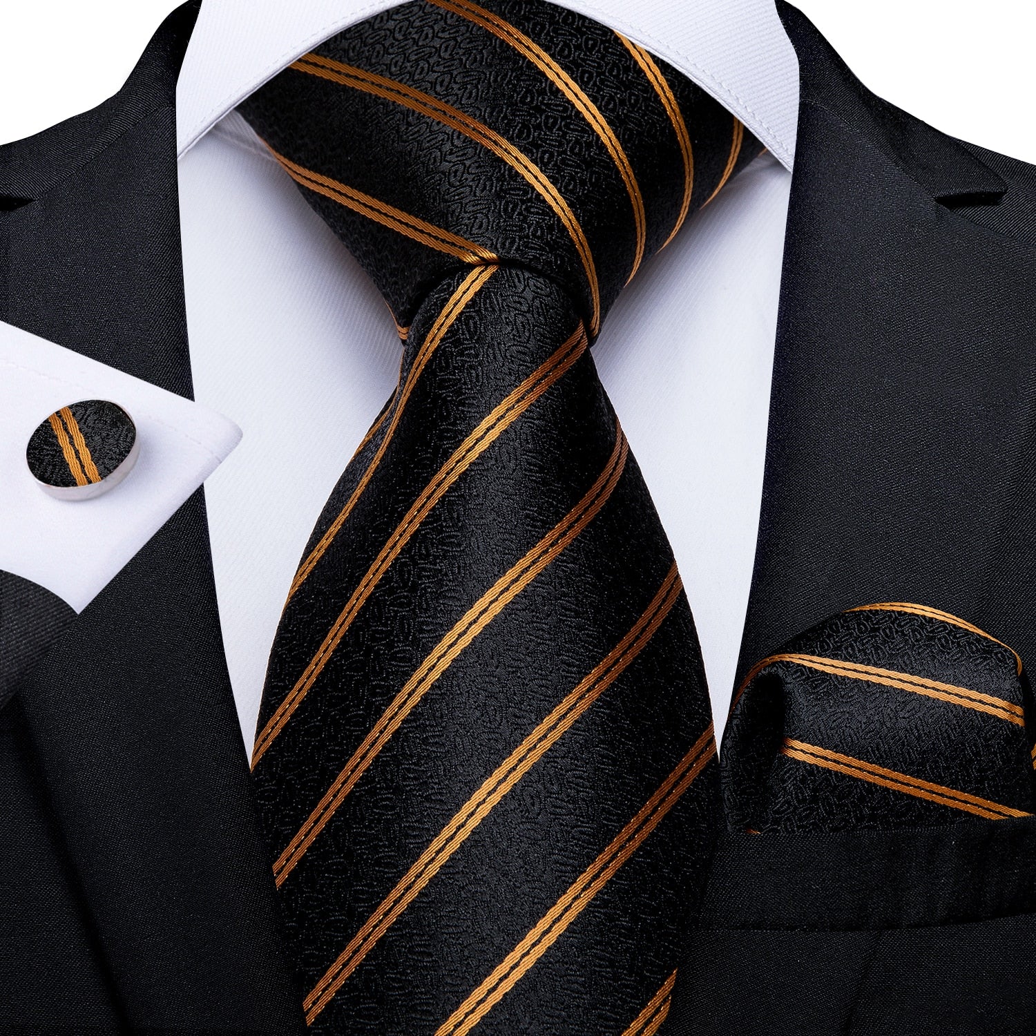 Men Tie Black Gold Paisley Quality Wedding Tie For Men Hanky Cufflink Silk Tie Set DiBanGu Novelty Design Business Party MJ-7313 - Image 16