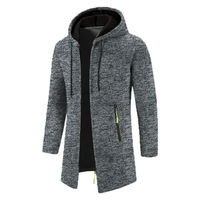 Men Winter Long Trench Coat 2023 Knit Sweater Jacket Fleece Wind Breaker Navy Turn-down Hoodies Zipper Cardigan Male Overcoat - Image 2