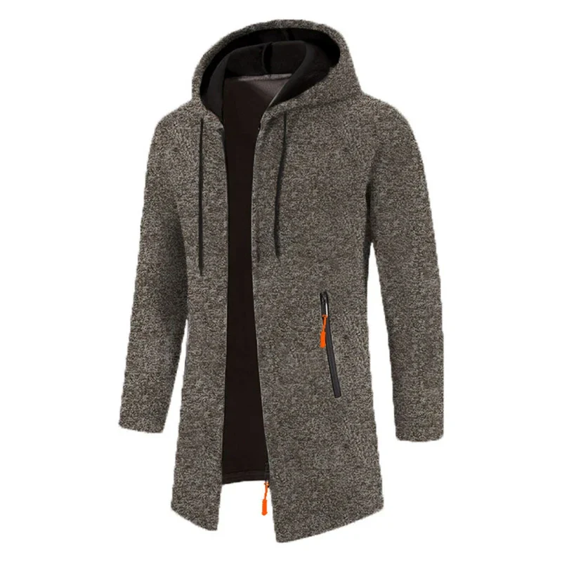 Men Winter Long Trench Coat 2023 Knit Sweater Jacket Fleece Wind Breaker Navy Turn-down Hoodies Zipper Cardigan Male Overcoat - Image 3