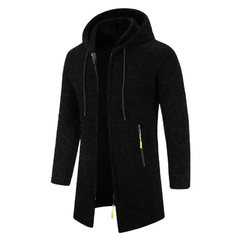 Men Winter Long Trench Coat 2023 Knit Sweater Jacket Fleece Wind Breaker Navy Turn-down Hoodies Zipper Cardigan Male Overcoat - Image 4