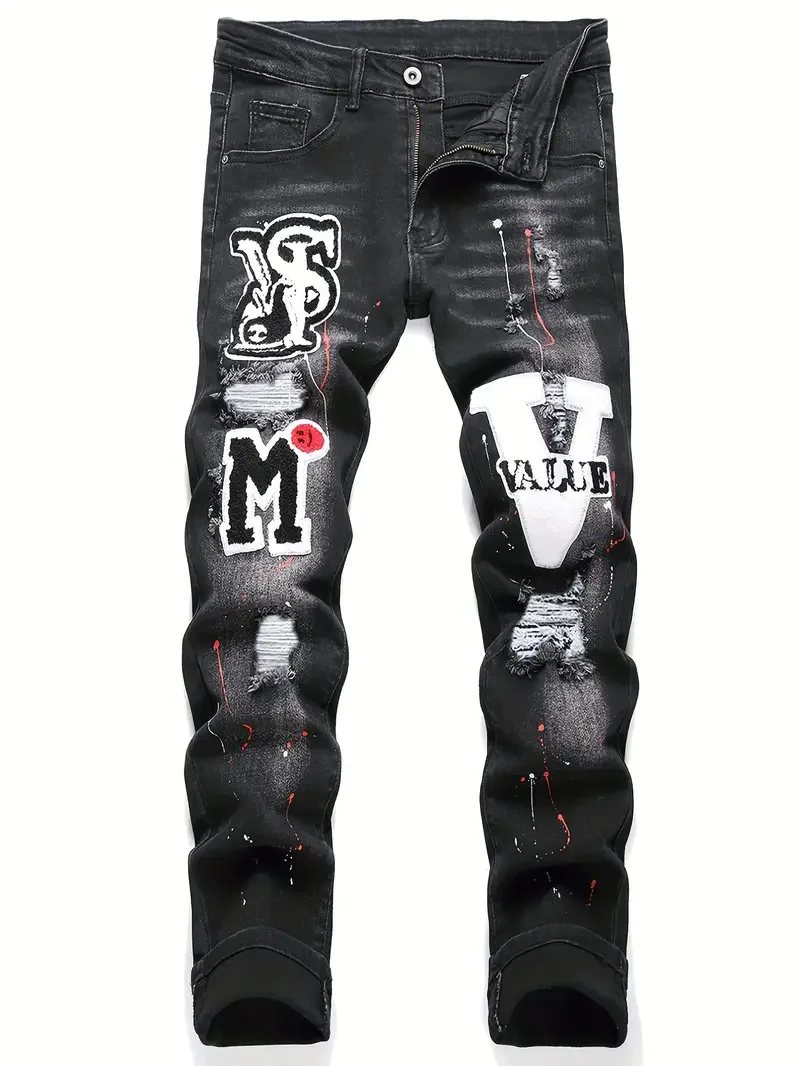 Men y2k Stretchy Denim jeans Ripped Skinny Letter Print elastic waist Casual pants for men Hole Slim Fit Denim Hip Hop Trousers - Image 8