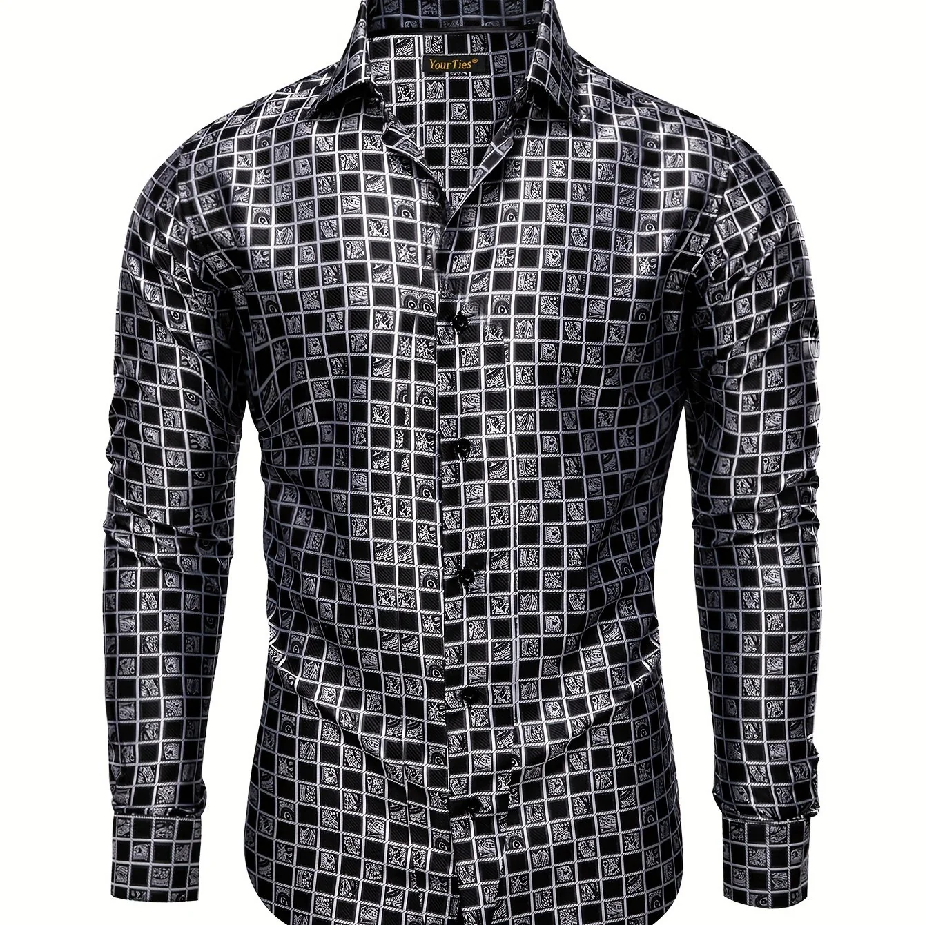 Men's Black Plaid Shirt For Man Long Sleeves Blouse Unique Design Single Breasted Lapel Men's Dress Shirt Perfect For Business Party Wedding Dinner Vacation - Image 13