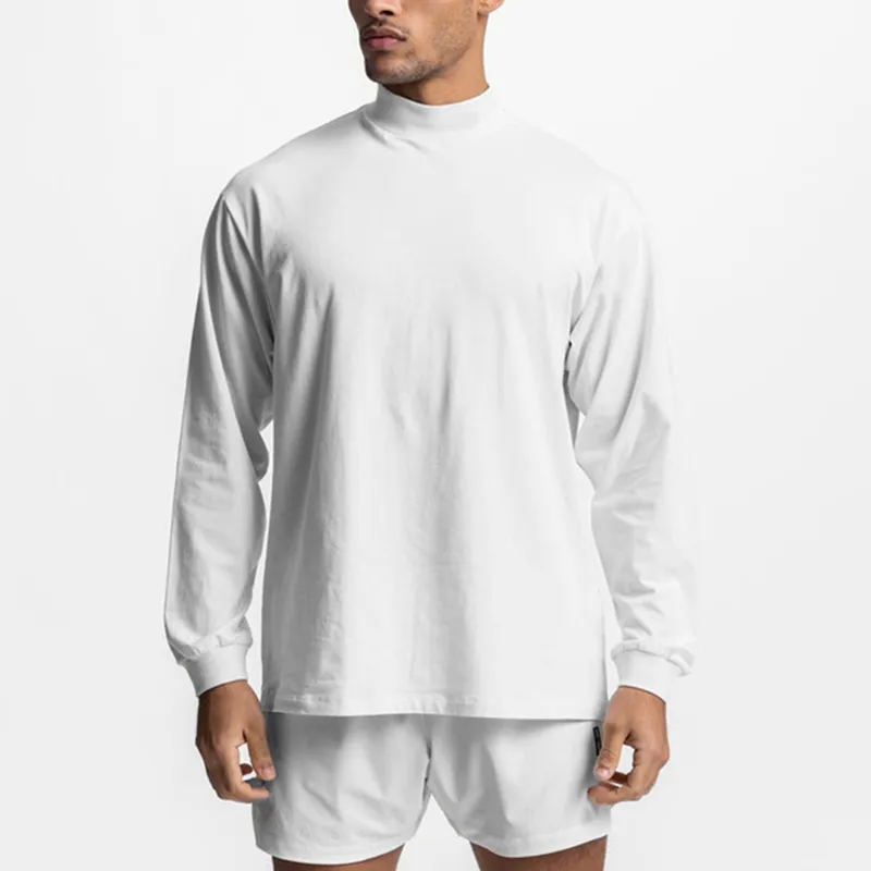 Mens Bodybuilding Sporting Workout Oversized High-neck Long Sleeve Tshirt Breathable Fitness Fashion Clothing Fashion T Shirt - Image 3