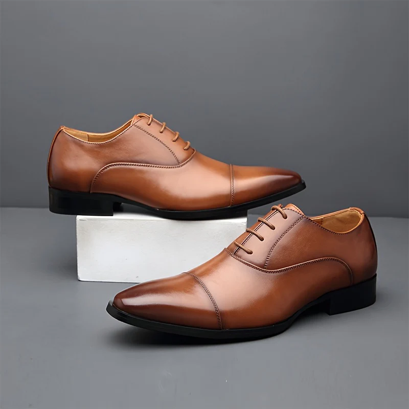 Men's Cap Toe Oxford Shoes, Comfy Non Slip Rubber Sole Lace Up Durable Formal Shoes, Men's Footwear - Image 4