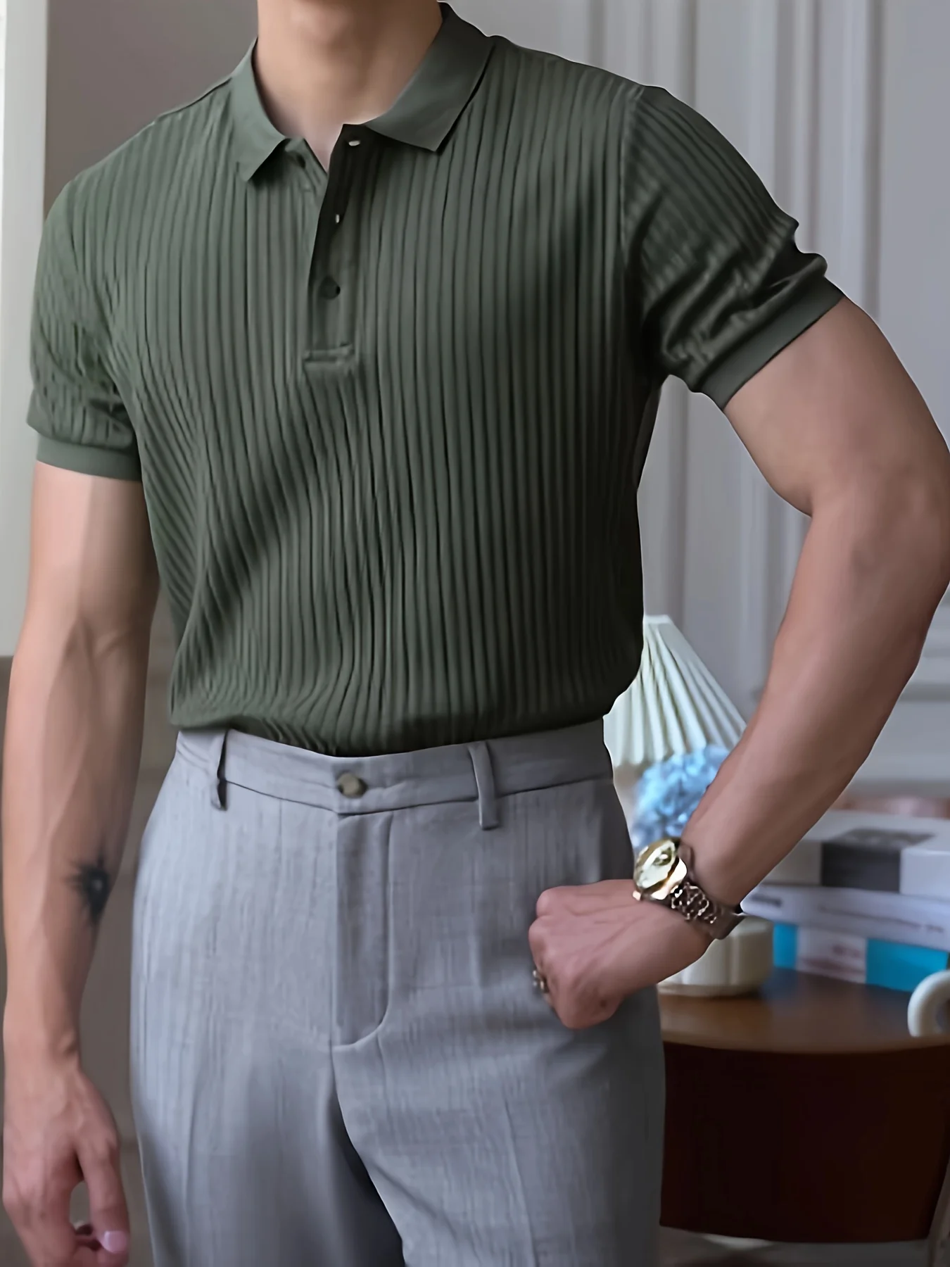 Men's Casual Shirt - Breathable Polyester, Solid Color with Button Detail, Perfect for Golf & Tennis - Image 3