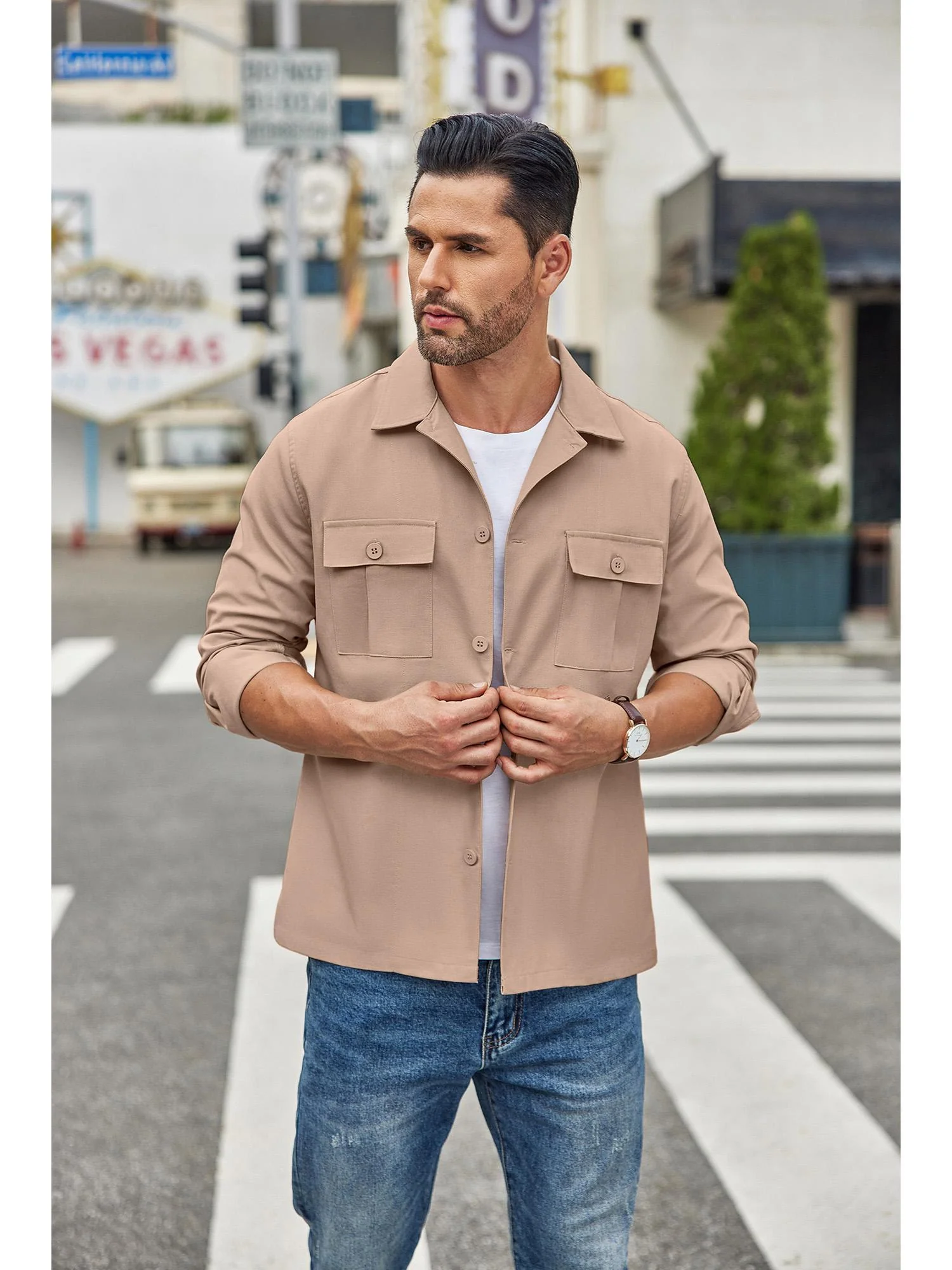 Men's Casual Shirt Jacket Linen Shacket Lightweight Work Coat Button Down Overshirt - Image 10