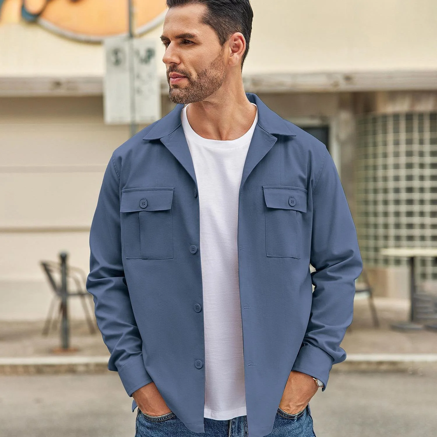 Men's Casual Shirt Jacket Linen Shacket Lightweight Work Coat Button Down Overshirt - Image 11