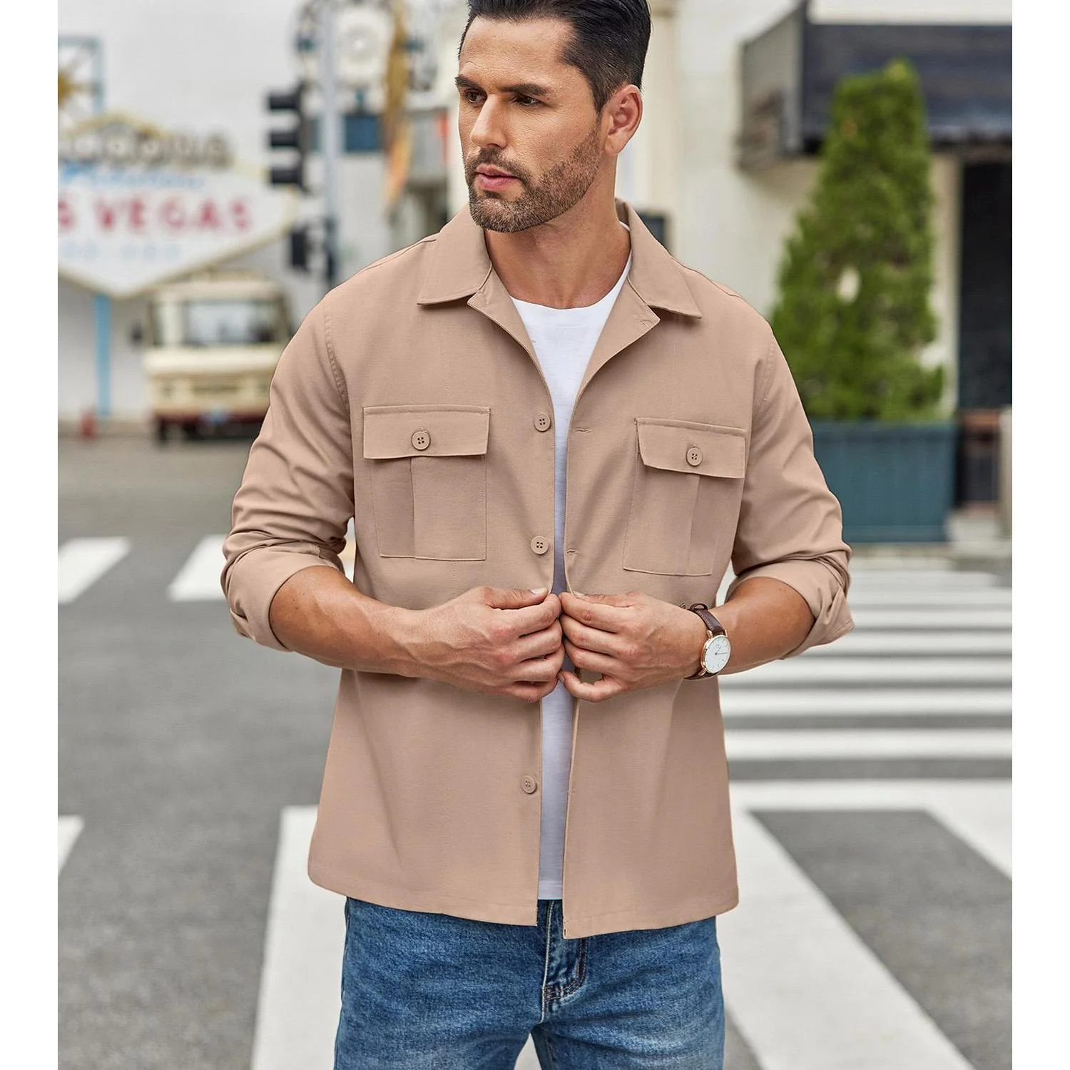 Men's Casual Shirt Jacket Linen Shacket Lightweight Work Coat Button Down Overshirt - Image 12