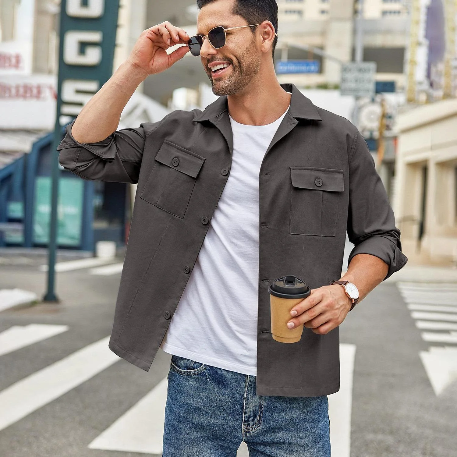 Men's Casual Shirt Jacket Linen Shacket Lightweight Work Coat Button Down Overshirt - Image 13