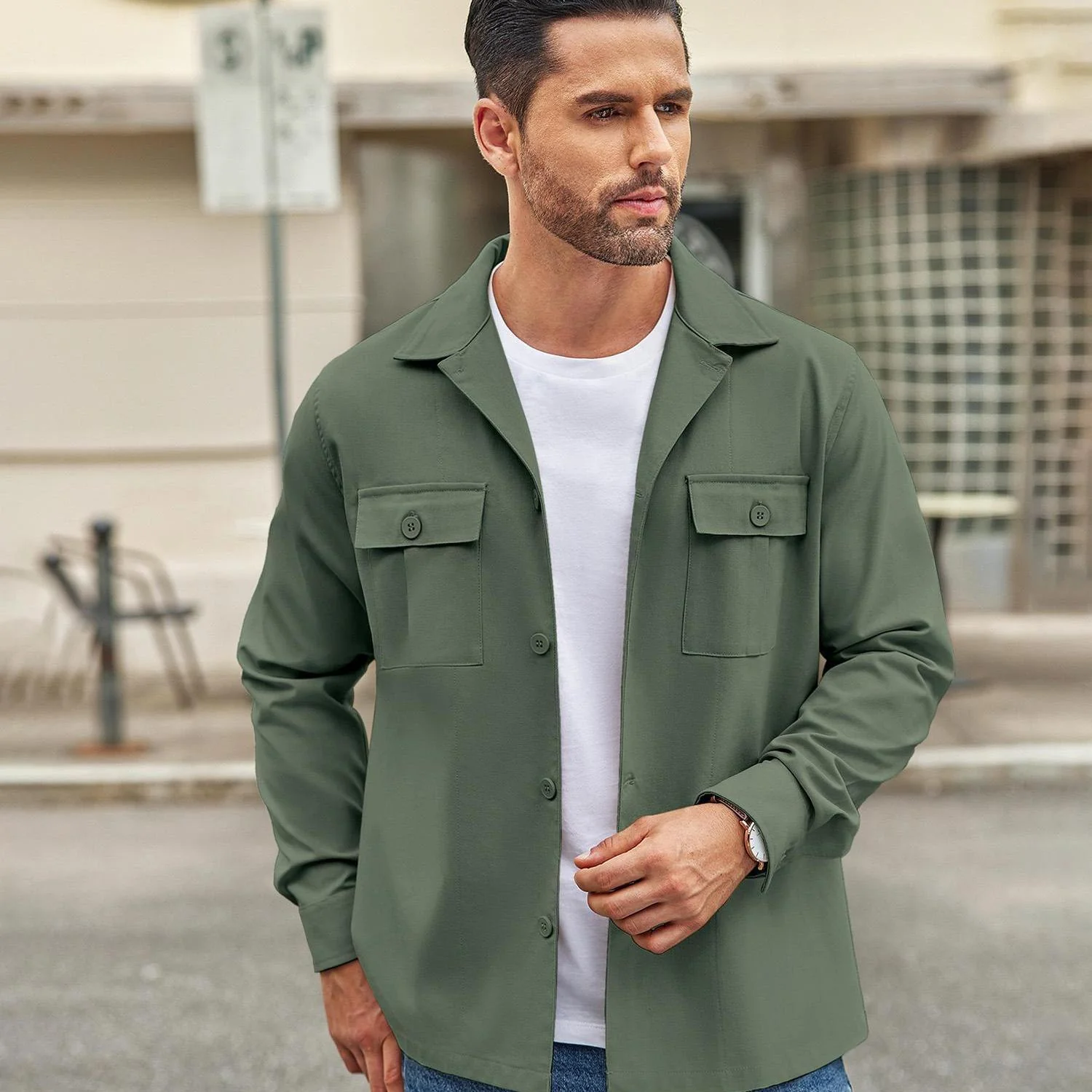 Men's Casual Shirt Jacket Linen Shacket Lightweight Work Coat Button Down Overshirt - Image 14