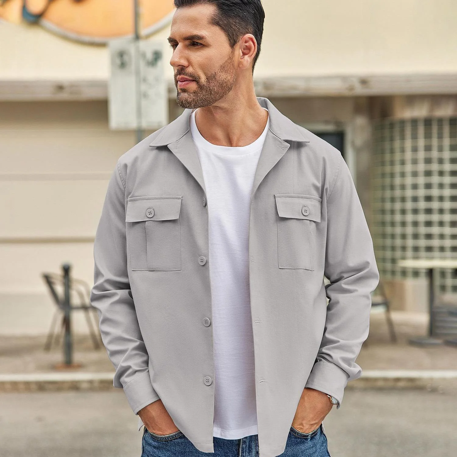 Men's Casual Shirt Jacket Linen Shacket Lightweight Work Coat Button Down Overshirt - Image 15