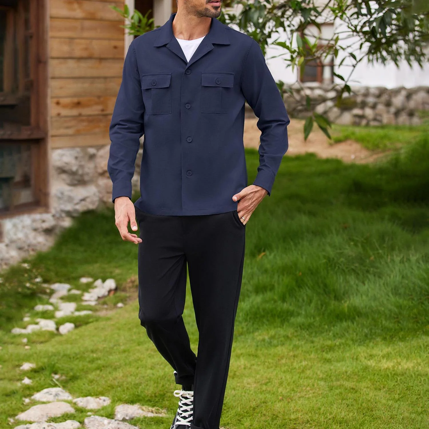 Men's Casual Shirt Jacket Linen Shacket Lightweight Work Coat Button Down Overshirt - Image 16