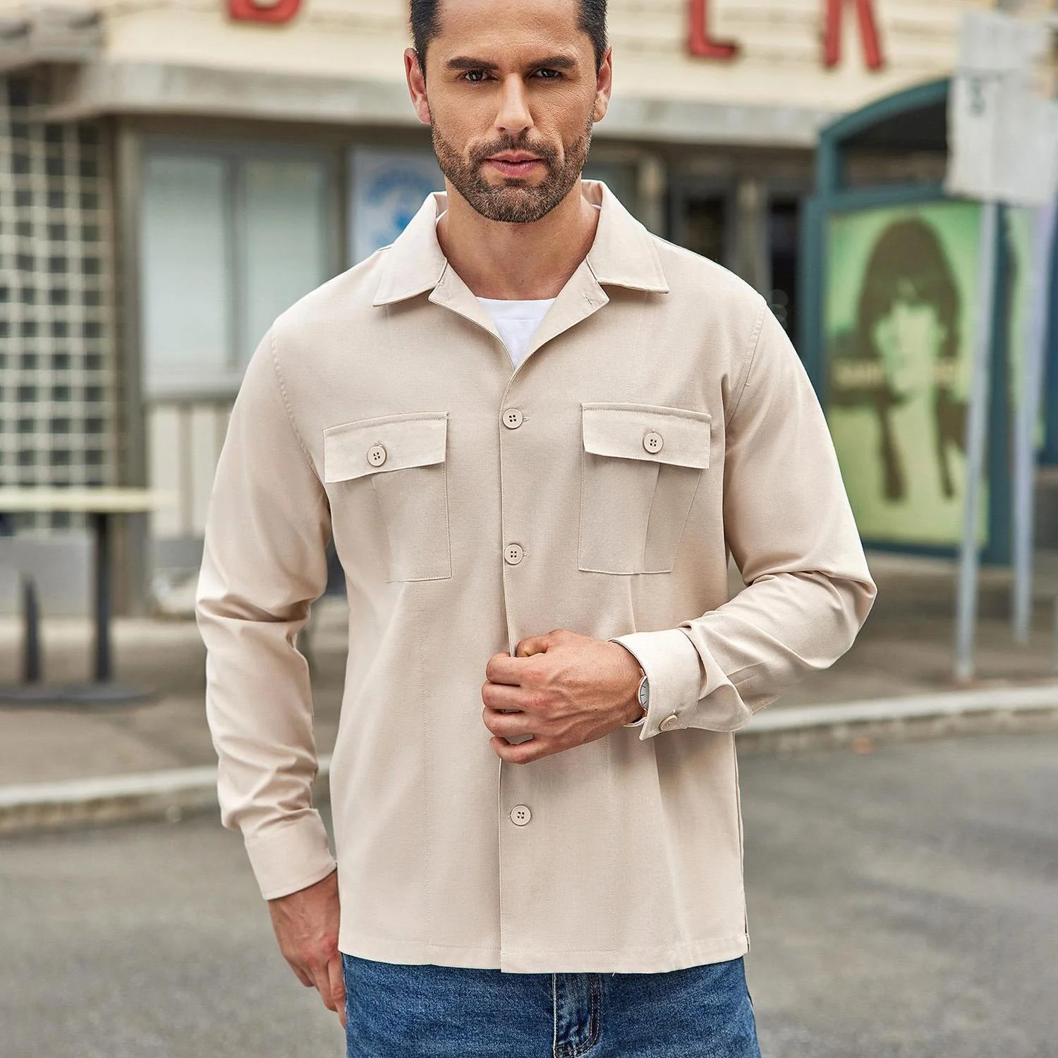 Men's Casual Shirt Jacket Linen Shacket Lightweight Work Coat Button Down Overshirt - Image 18