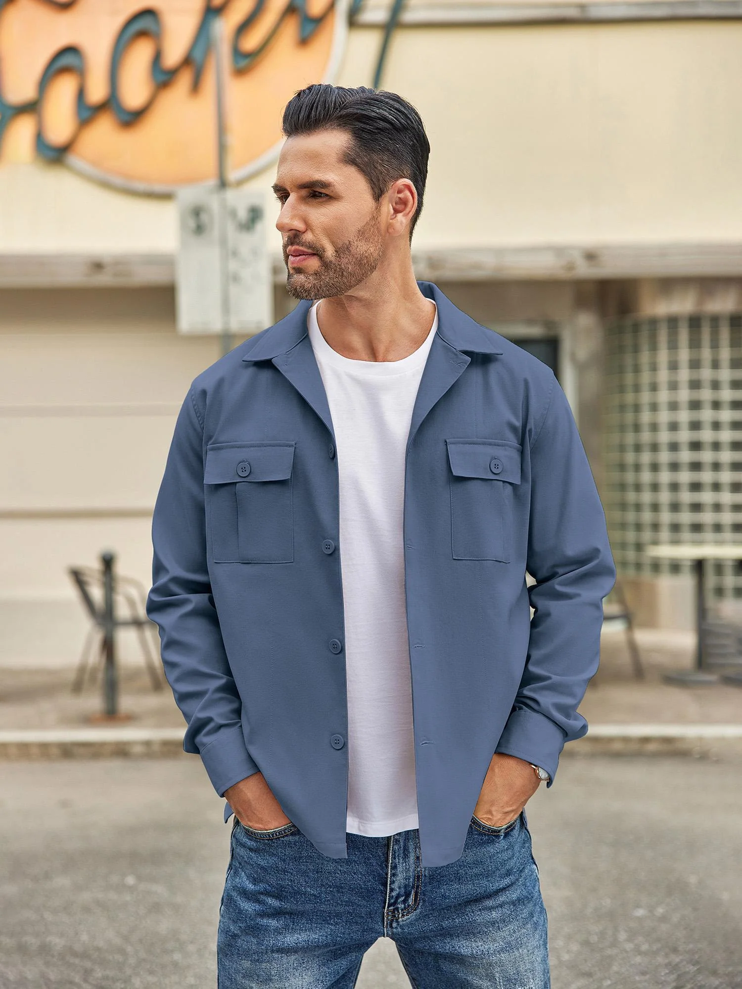 Men's Casual Shirt Jacket Linen Shacket Lightweight Work Coat Button Down Overshirt - Image 2