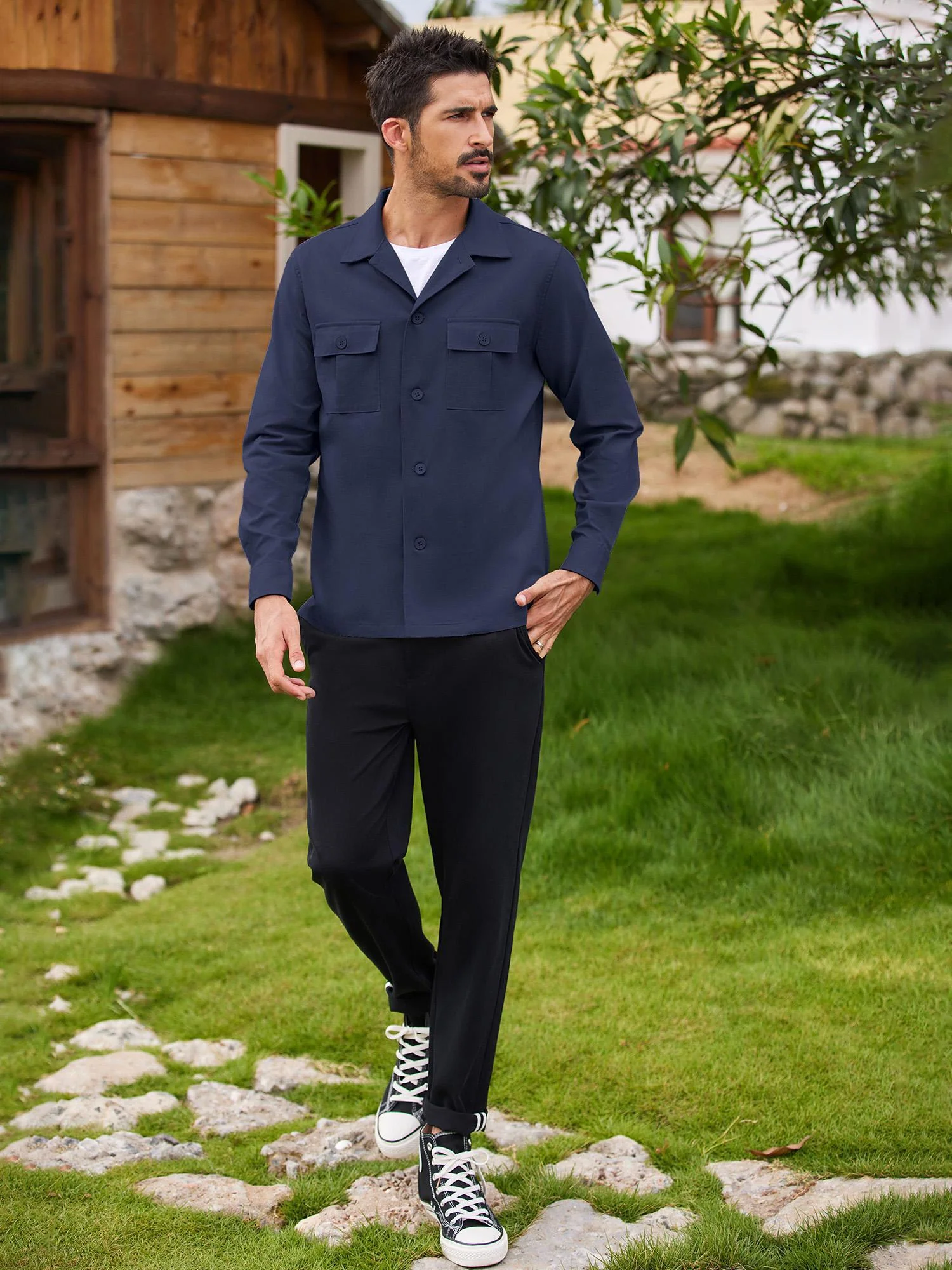 Men's Casual Shirt Jacket Linen Shacket Lightweight Work Coat Button Down Overshirt - Image 8