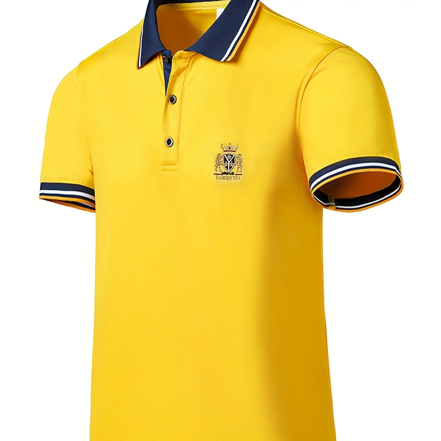 Men's Casual Shirt - Vibrant Red with Golden Embroidered Crest, Short Sleeve Summer Shirt, Regular Fit, Black & Yellow Trim Collar, Breathable Fabric for Casual & Semi-Formal Wear, Contrast Stripe Detailing - Image 12