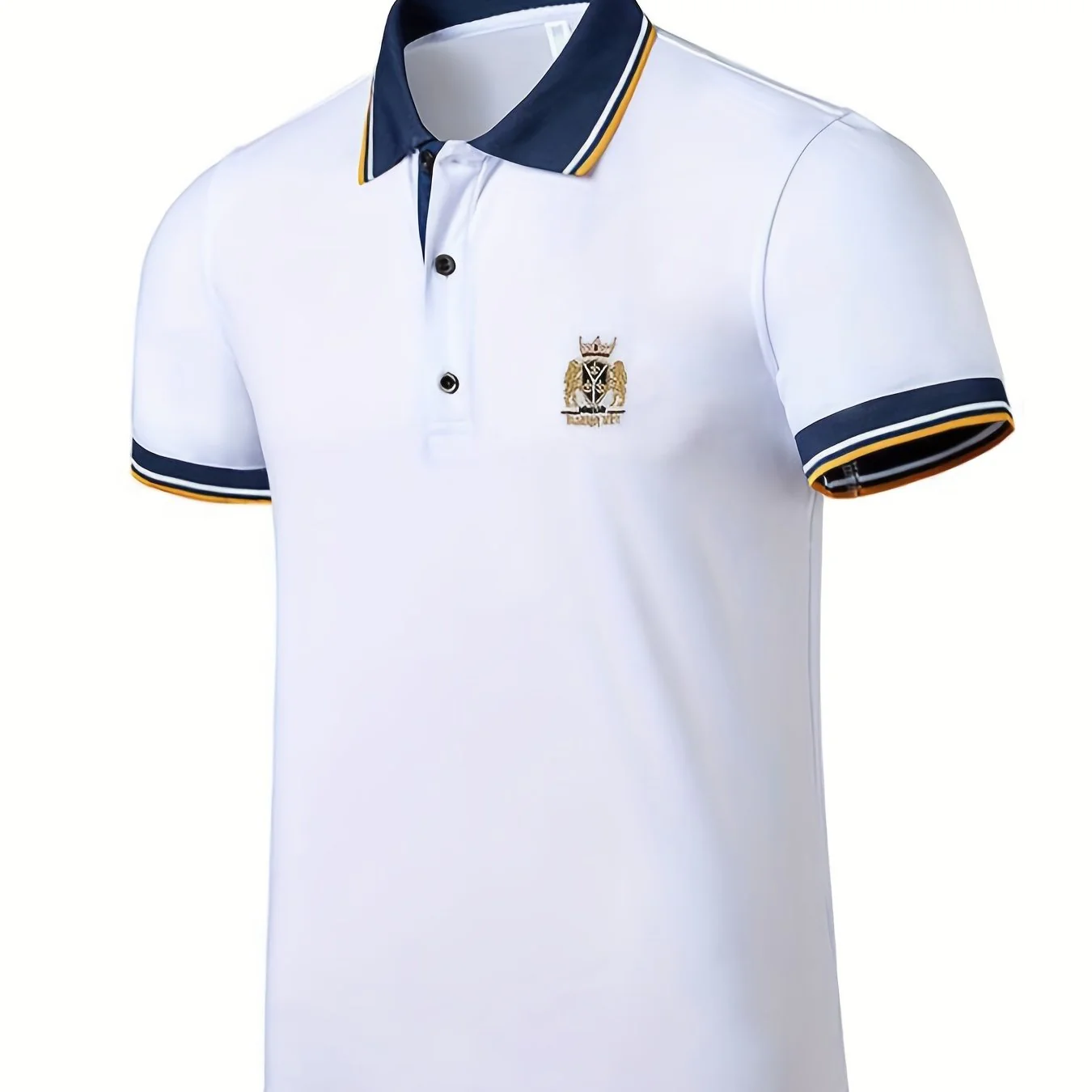 Men's Casual Shirt - Vibrant Red with Golden Embroidered Crest, Short Sleeve Summer Shirt, Regular Fit, Black & Yellow Trim Collar, Breathable Fabric for Casual & Semi-Formal Wear, Contrast Stripe Detailing - Image 13