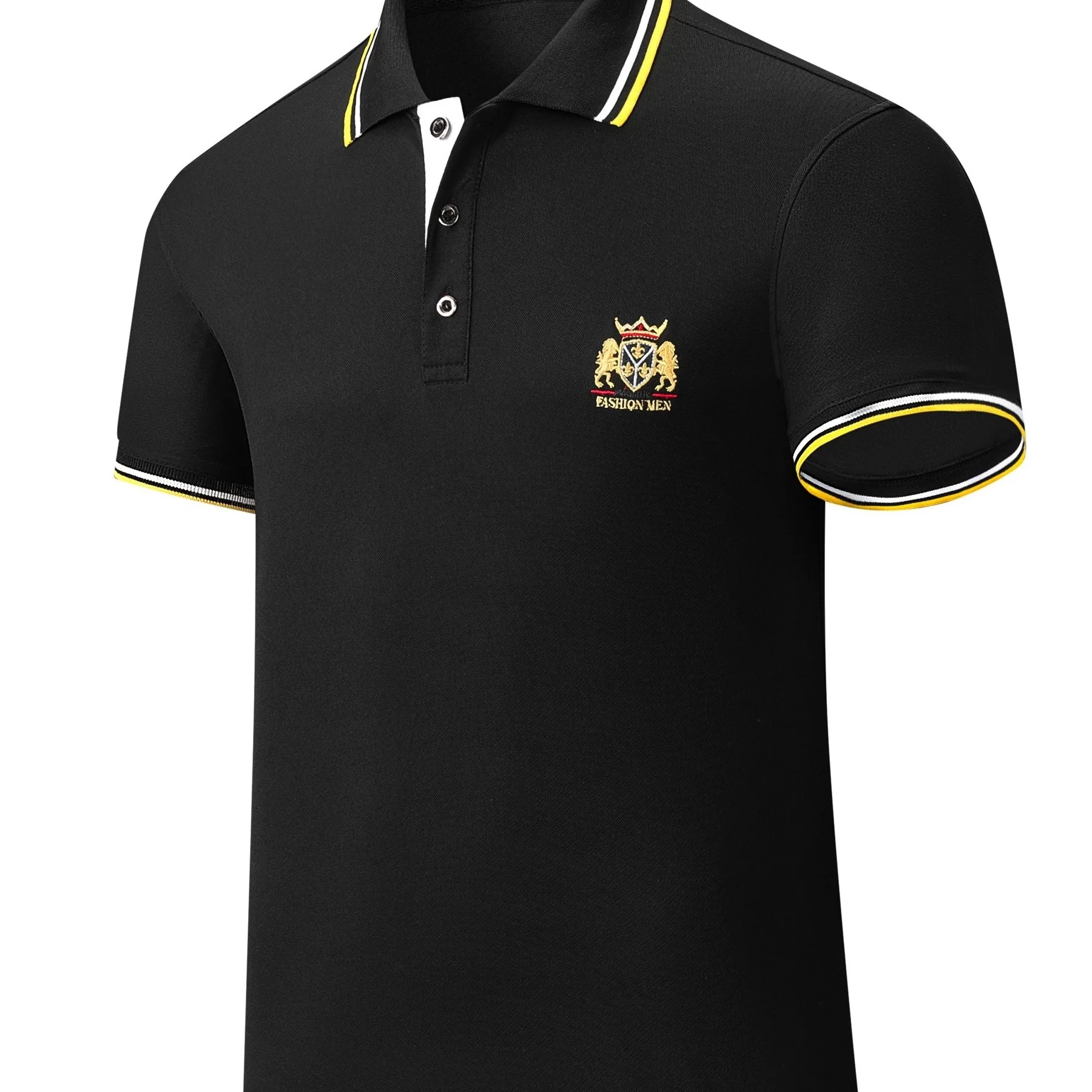 Men's Casual Shirt - Vibrant Red with Golden Embroidered Crest, Short Sleeve Summer Shirt, Regular Fit, Black & Yellow Trim Collar, Breathable Fabric for Casual & Semi-Formal Wear, Contrast Stripe Detailing - Image 15